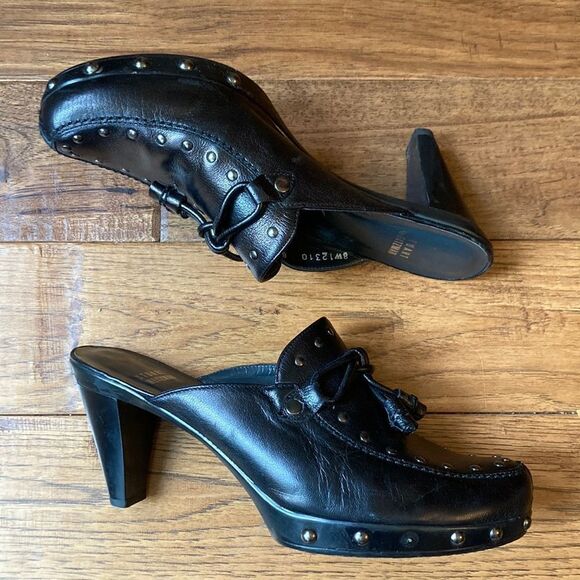 STUART Weitzman Black Leather Studded Heeled Mules Size 8 - Picture 2 of 11